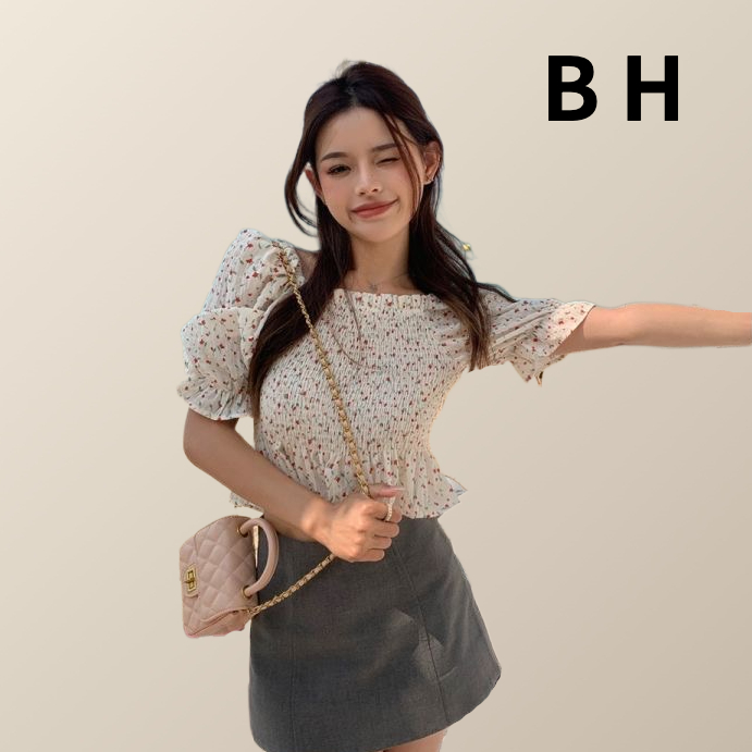 เสื้อแขนสั้น แขนพอง จับจีบ พิมพ์ลายดอกไม้ แบบเข้ารูป เหมาะกับฤดูร้อน สําหรับผู้หญิง