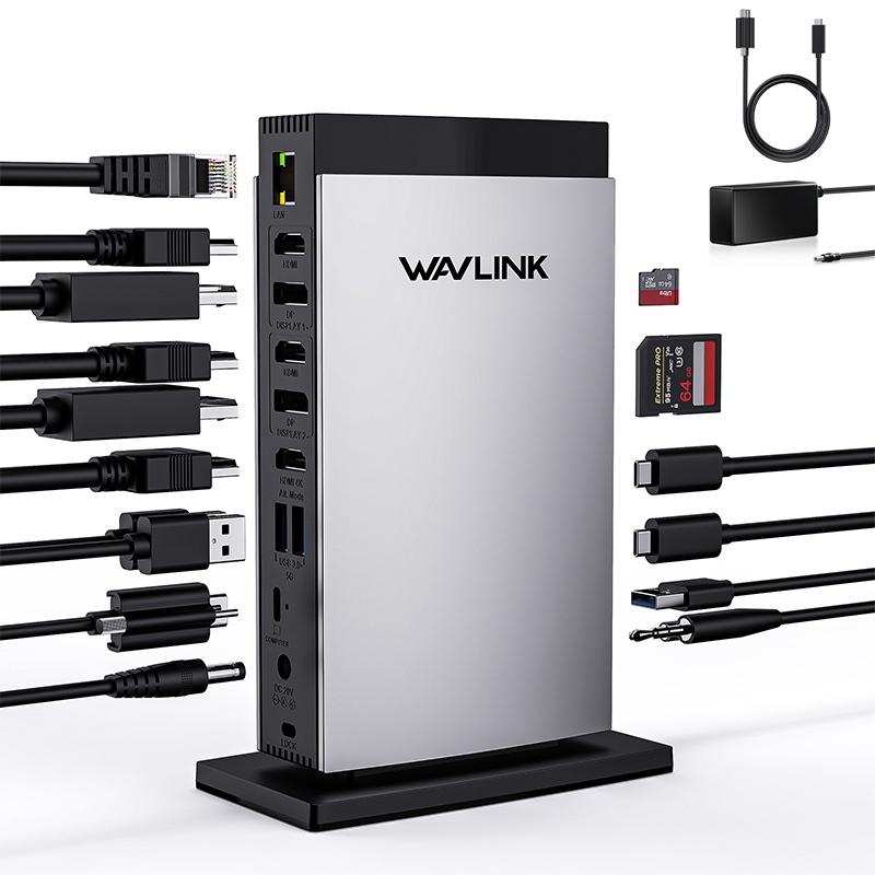WAVLINK 15 In 1 Displaylink Docking Station 4K 60Hz Triple Display HDMI/DP RJ45, Audio/Mic, SD/TF, 1
