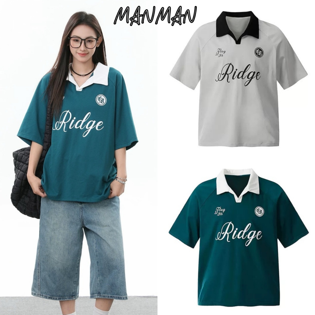M＆M สไตล์วินเทจแบบอเมริกัน เสื้อยืดแขนสั้น เสื้อเชิ้ตแขนสั้นคอปก สไตล์กีฬา Oversize