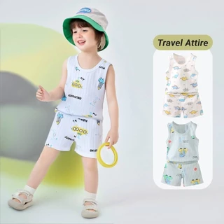 พร้อมส่ง ชุดเสื้อแขนกุด และกางเกงขาสั้น แบบบาง ระบายอากาศได้ดี ลายการ์ตูน สําหรับเด็กผู้ชาย และเด็กผู้หญิง