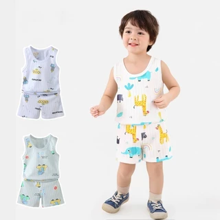 พร้อมส่ง ชุดเสื้อแขนกุด และกางเกงขาสั้น แบบบาง ระบายอากาศได้ดี ลายการ์ตูน สําหรับเด็กผู้ชาย และเด็กผู้หญิง