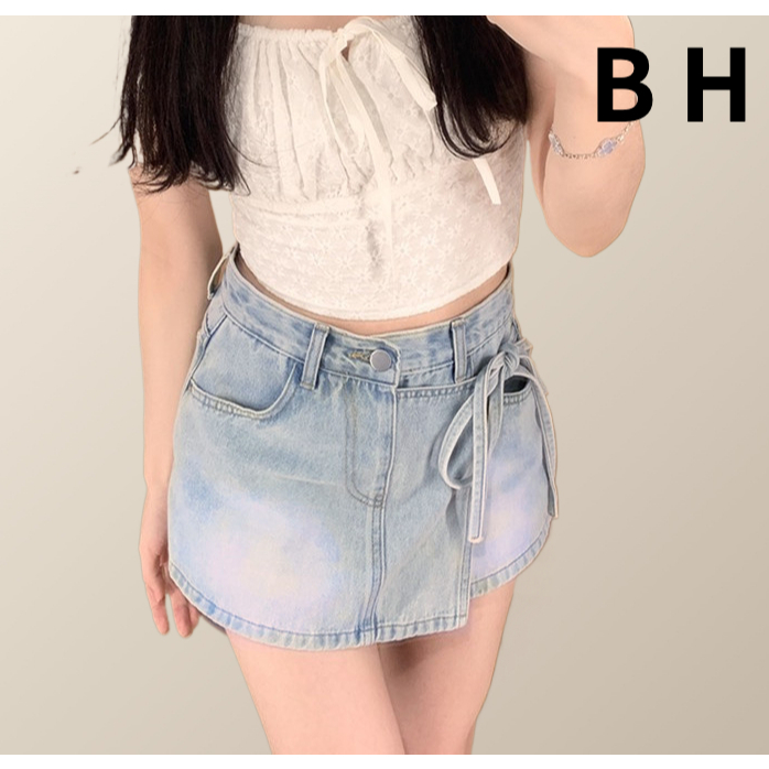Bh ฤดูร ้ อนของผู ้ หญิงผ ้ ายีนส ์ สีฟ ้ าอ ่ อนทรงเอเอวสูงกระโปรงผูกเชือกไม ่ สม ่ ําเสมอ