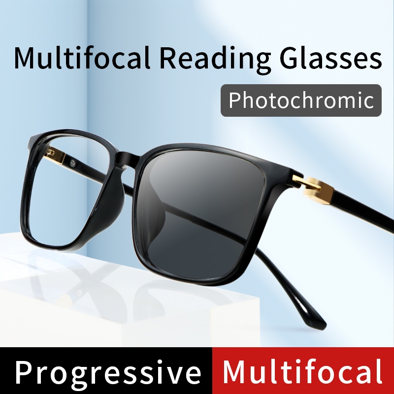 Photochromic Progressive Multifocal แว่นอ่านหนังสือ, กรอบ Square TR90 น้ำหนักเบา, แว่นกันแดด Anti Eyestrain สำหรับผู้ชาย