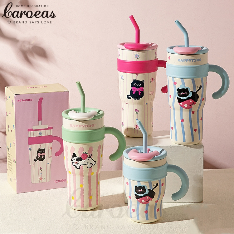 แก้วน้ําสแตนเลส 316 สูญญากาศ 700/1200ml พร้อมหลอด รุ่นพกพา มีหูจับ BPA Free