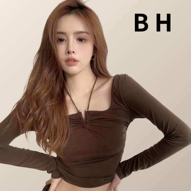 เสื้อยืดแขนยาว คอผูกเชือก สีพื้น เซ็กซี่ เข้ารูป สําหรับผู้หญิง
