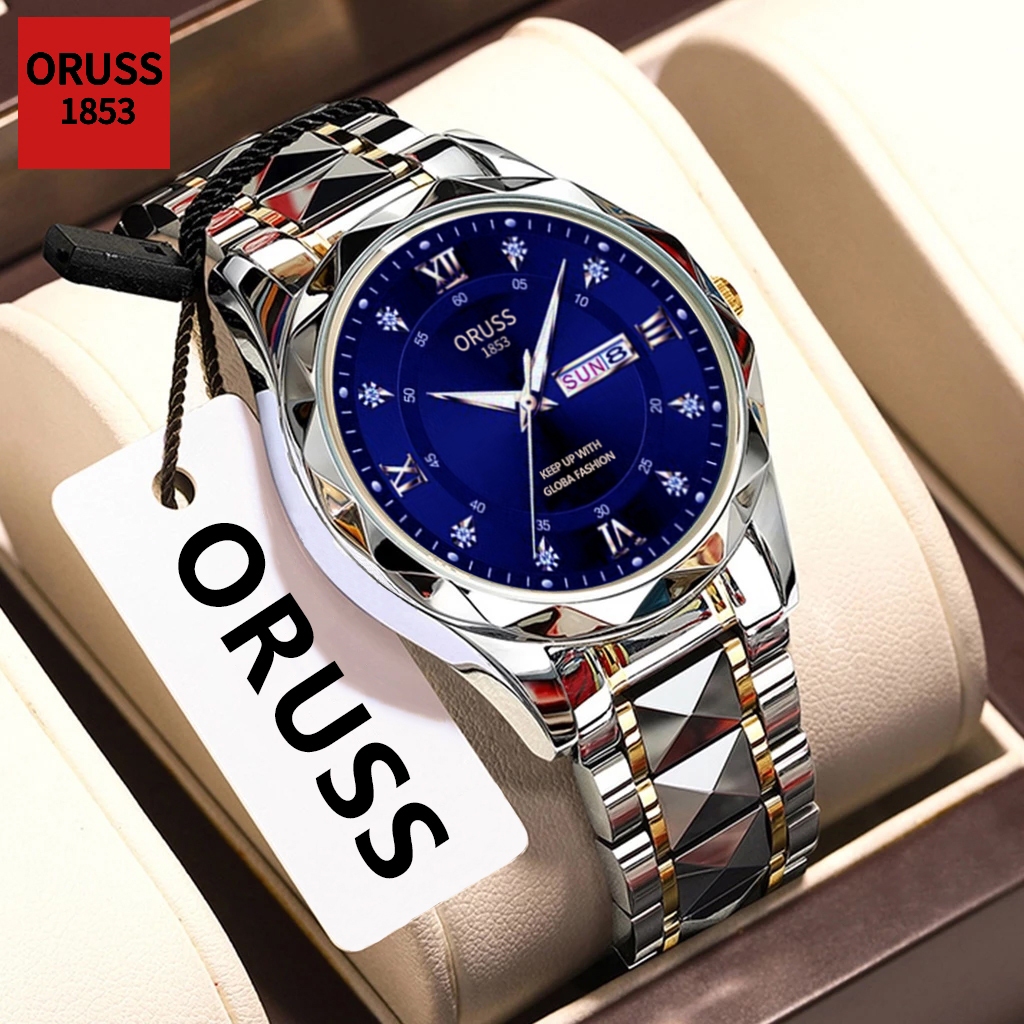 ORUSS รัส ต้นฉบับชายหรูหราสแตนเลสปฏิทินคู่กันน้ํานาฬิกาแฟชั่นเรืองแสงธุรกิจเกาหลีรุ่นควอตซ์นาฬิกาข้อมือ