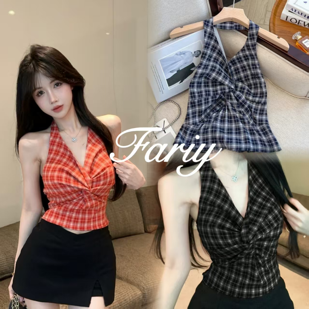 Fariy🍒คลังสินค้าพร้อม🍒 เสื้อกั๊กลายสก็อตบิดคอวีสุดหวานและเผ็ดร้อนสำหรับผู้หญิง เสื้อกล้ามทรงเข้ารูปแขนกุดเทรนด์ใหม่