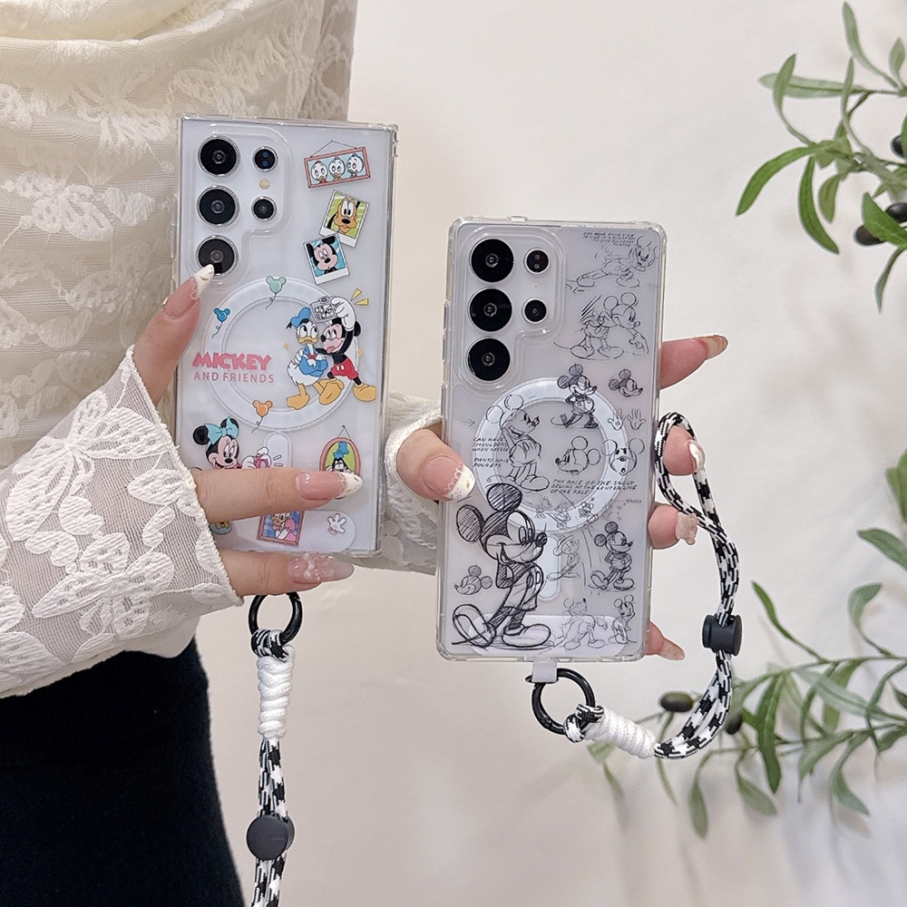 SAMSUNG Mickey Friend Clearเคสโทรศัพท์สําหรับSamsung Galaxy S26 S25 S24 S23 Ultra S25 FE S26 Plus A57 A56 A36 A37 A26 A17 A16 A15 A35 A55 5Gการ์ตูนแม่เหล็กซิลิโคนพร้อมสายรัดข้อมือ