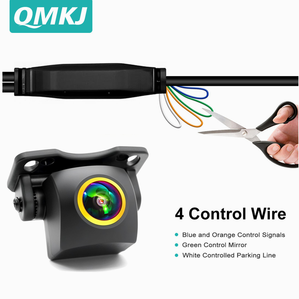 QMKJ Universal AHD 1080P Fisheye ปรับรถด้านหน้าย้อนกลับสํารองด้านหลังดูกล้อง 180 องศามุมกว้างสําหรับระบบเครื่องเสียงรถยนต์