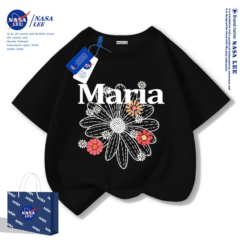 【สินค้าพร้อมส่ง】เสื้อยืดเด็ก NASA ผ้าฝ้ายสีดำ ลายดอกเดซี่ แฟชั่นสไตล์น่ารัก สำหรับเด็กชาย-หญิง