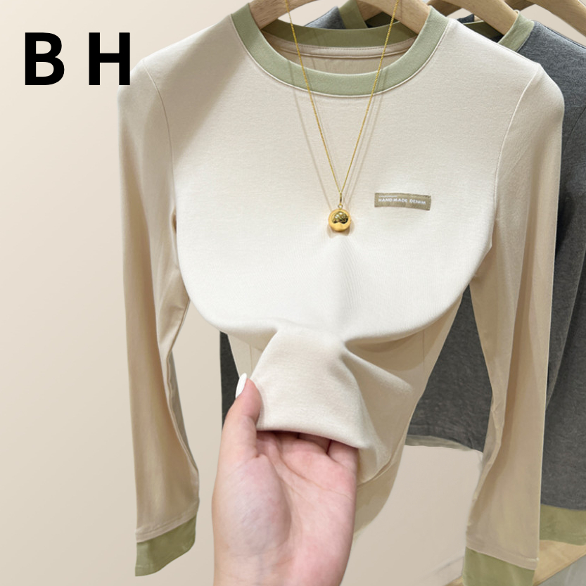 Bh ฤดูใบไม้ร่วงผู้หญิงผ้าฝ้ายสีตัดกันเสื้อยืดคอกลมแขนยาวทรงสลิมฟิต