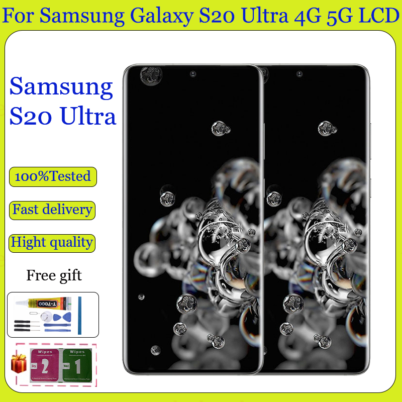 Original AMOLED สําหรับ Samsung Galaxy S20 Ultra 4G 5G จอแสดงผล LCD หน้าจอสัมผัสพร้อมการเปลี่ยนกรอบ