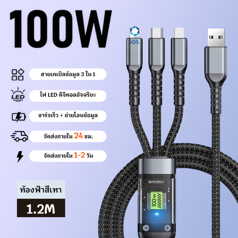 【niumo】100W สายชาร์จเร็ว 3 in 1 สายชาร์จจอแสดงผลดิจิตอลอัจฉริยะ 1.2 ม. เหมาะสําหรับ iOS/Micro/Type-C