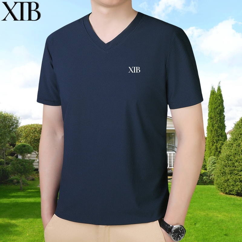 [ผ้าไหมน้ำแข็งคุณภาพสูงสำหรับผู้ชาย ขนาด 40-135 กก.] เสื้อยืดผ้าไหมน้ำแข็งแขนสั้น ระบายอากาศได้ดี คอวี สไตล์กีฬา