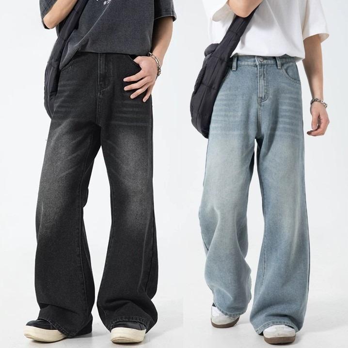 JEANS กางเกงยีนส์เอวสูงทรงกระบอกใหญ่เอวยืดสม็อค