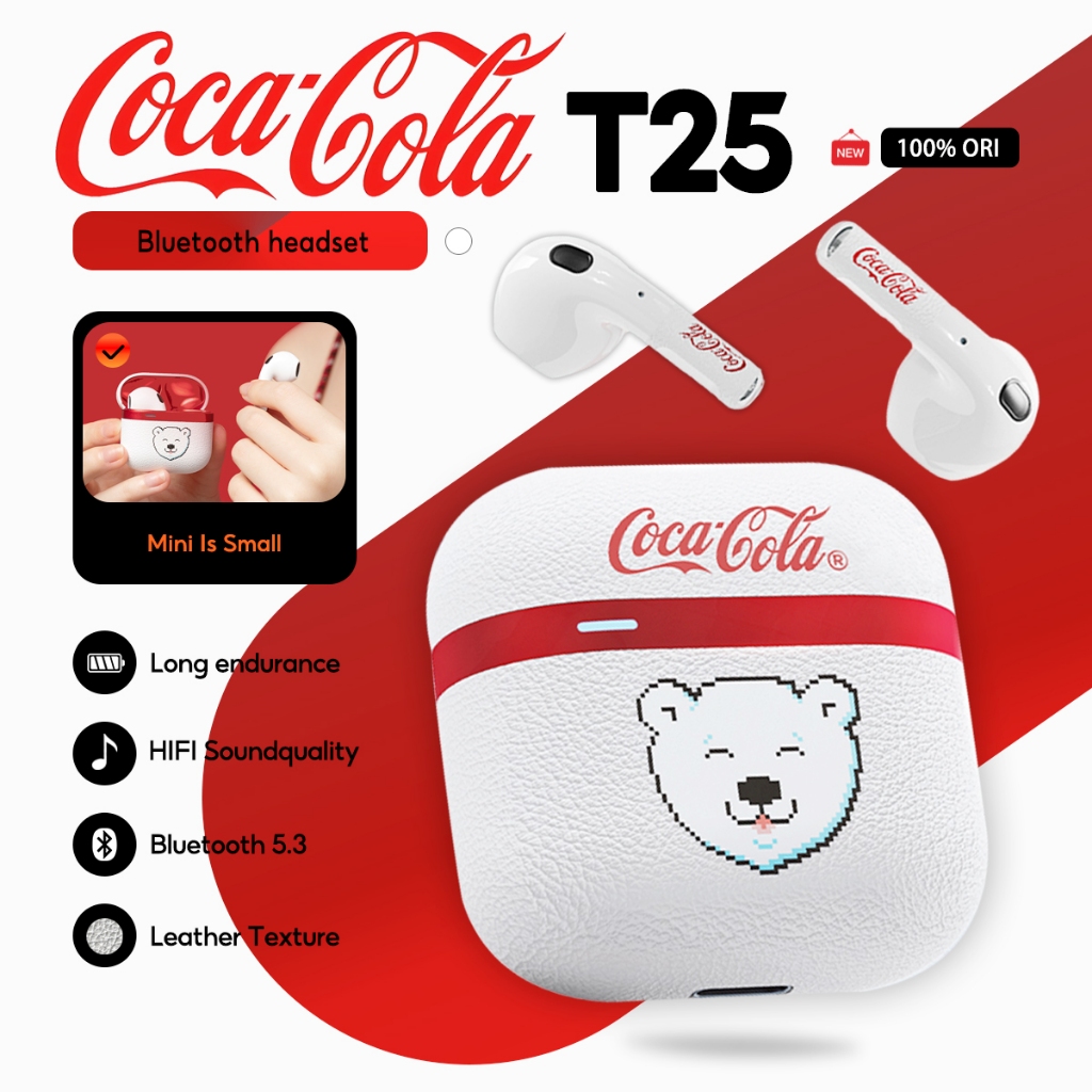 Coca-Cola T25 หูฟังบลูทูธ หูฟังไร้สาย True แบบกึ่งอินเอียร์พร้อมเนื้อสัมผัสหนังสําหรับเล่นกีฬา เพลง 