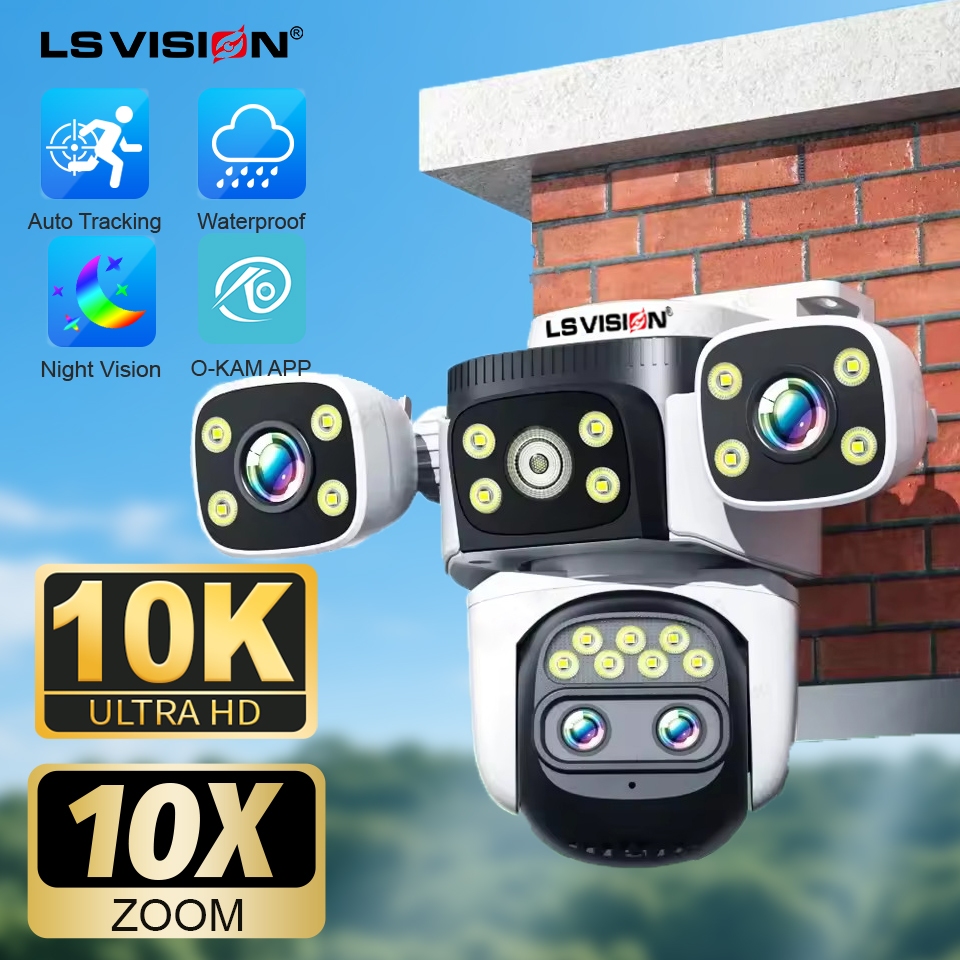 Lsvision 10K วงจรปิด กล้องกลางแจ้ง 20MP 10X CCTV WiFi camera ออปติกซูม 3 หน้าจอ 4 เลนส์ PTZ การติดตามอัตโนมัติ 6K Dual เลนส์กันน้ําความปลอดภัยกล้องวงจรปิด