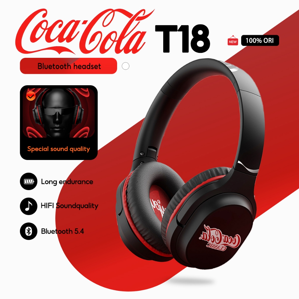 Coca-Cola หูฟังบลูทูธ T18 แบรนด์ร่วม ระบบควบคุมแบบสัมผัส + การตัดเสียงรบกวน 46dB | บลูทูธ 5.3 | อายุการใช้งานแบตเตอรี่ 30 ชม. | พร้อมไมโครโฟน