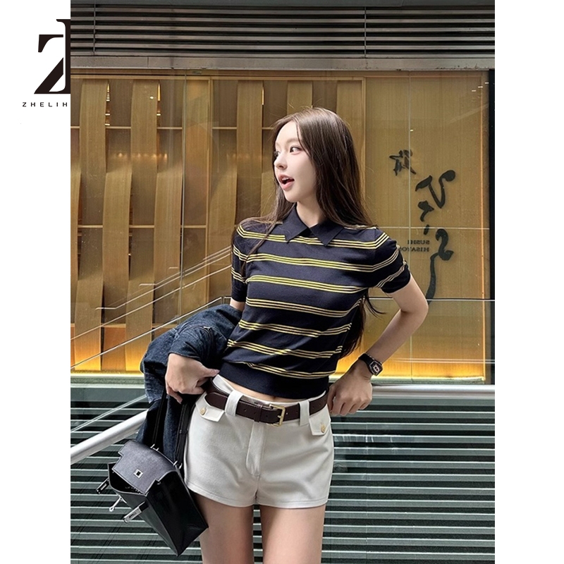 ZHELIHANGFEI  เสื้อไหมพรมลายทางสีตัดกันสำหรับผู้หญิง คอปกพับแขนสั้น T-shirt