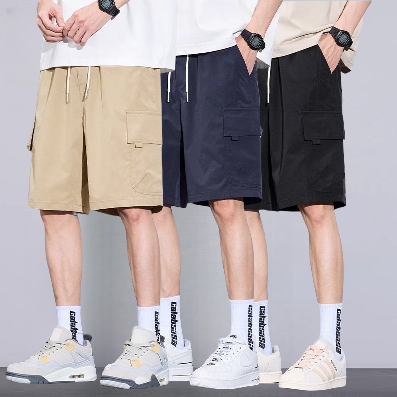 กางเกงขาสั้นเอวยางยืดสไตล์เกาหลี 4 กระเป๋า กางเกงขาสั้นผู้ชายเรียบง่ายและทันสมัย