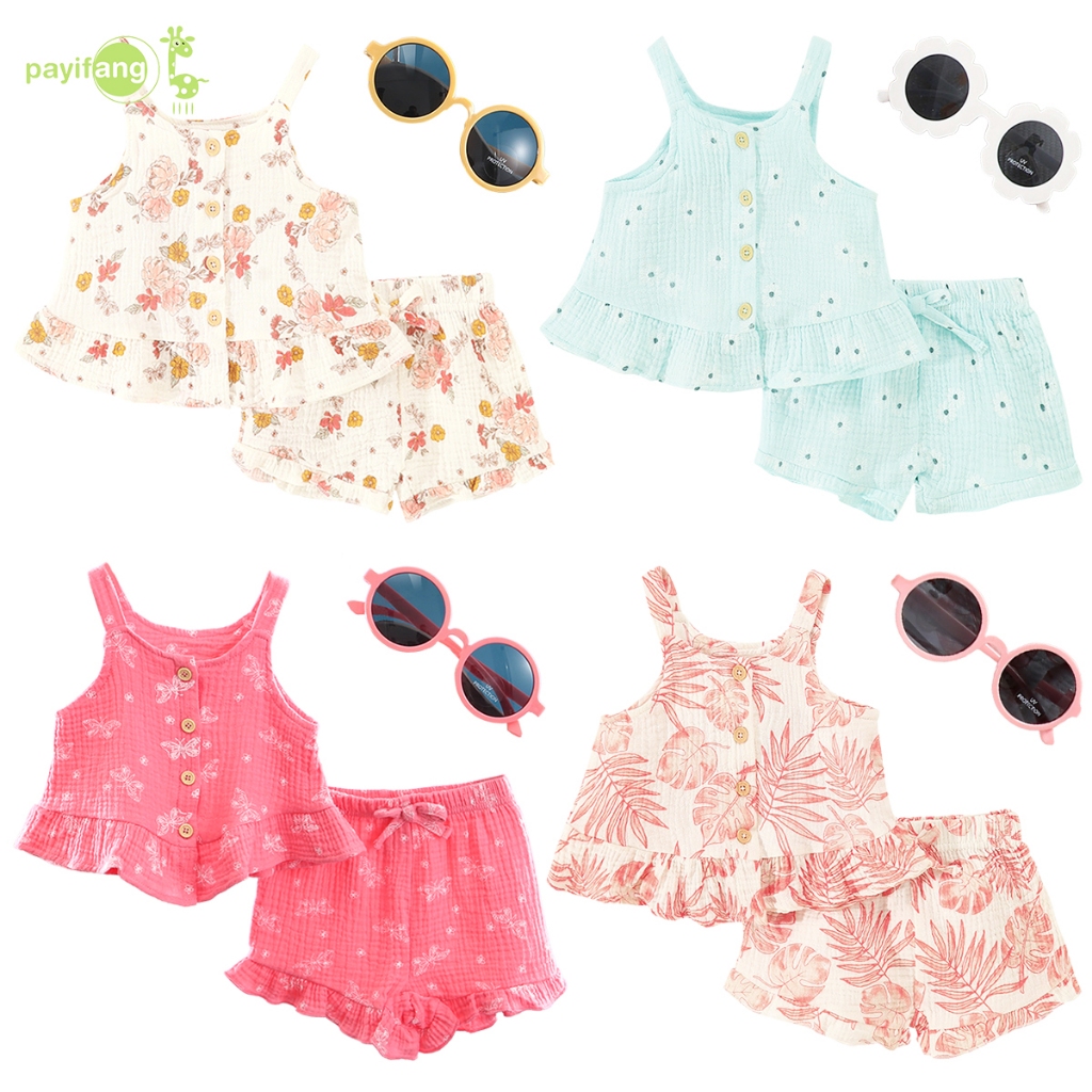 PAYI BABY-2 PIECES 6-24 เดือนชุดเด็กผู้หญิงเส้นด้ายฝ้ายเสื้อแขนกุด + กางเกงขาสั้น + แว่นกันแดด