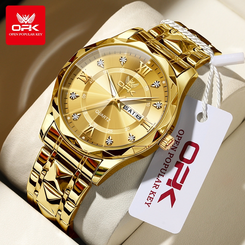 OPK นาฬิกาสำหรับผู้ชาย กันน้ำ ปฏิทินเรืองแสง หรูหรา สีทอง นาฬิกาสำหรับผู้ชาย ของขวัญ 6023