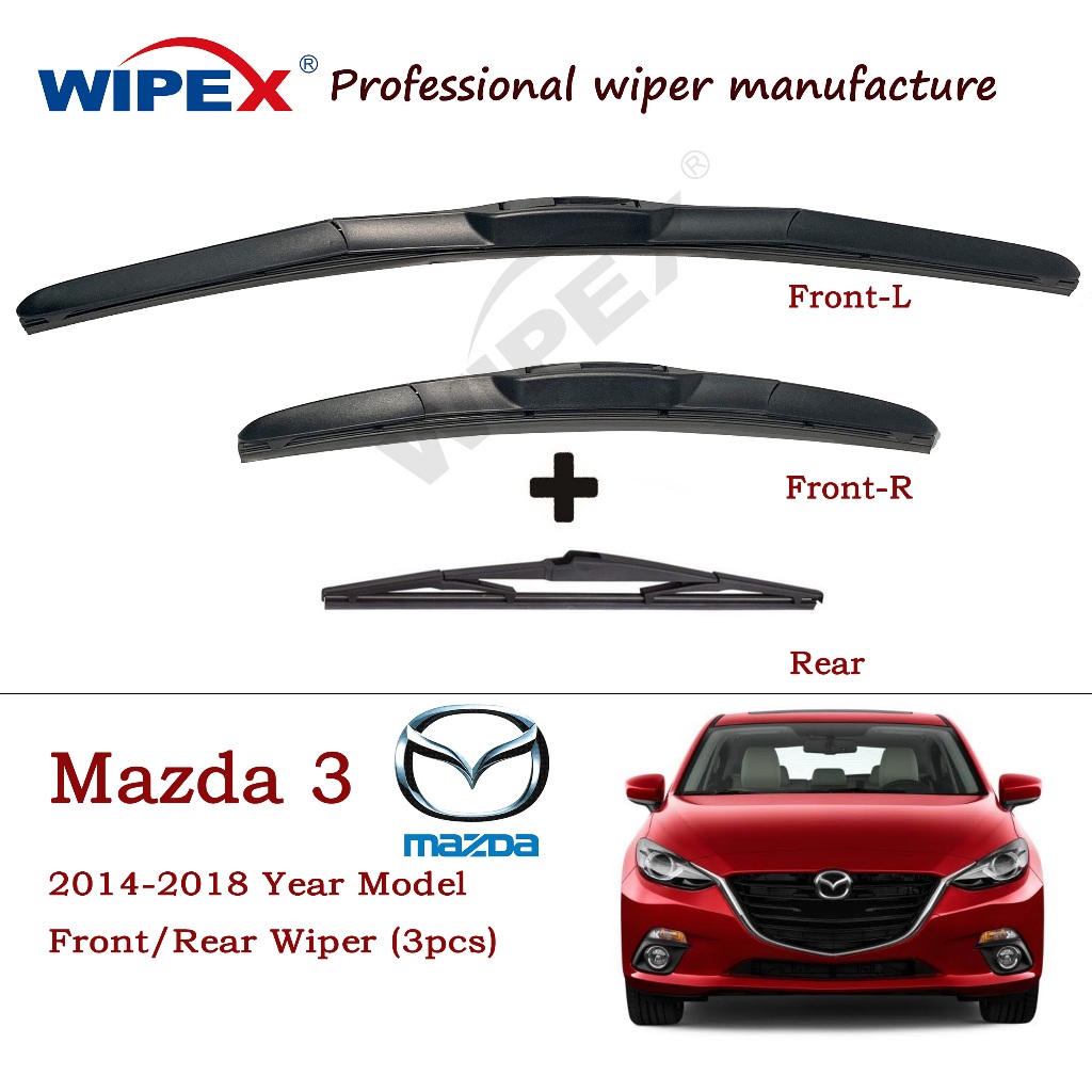 2014-2018 ใบปัดน้ําฝน Mazda 3 สําหรับ M3 Hatchback HB Sportback หรือรถเก๋งชุดที่ปัดน้ําฝนกระจกรถยนต์ (ซิลิโคนไฮบริดด้านหน้า/หลังเดิม) จาก Wipex Wixr