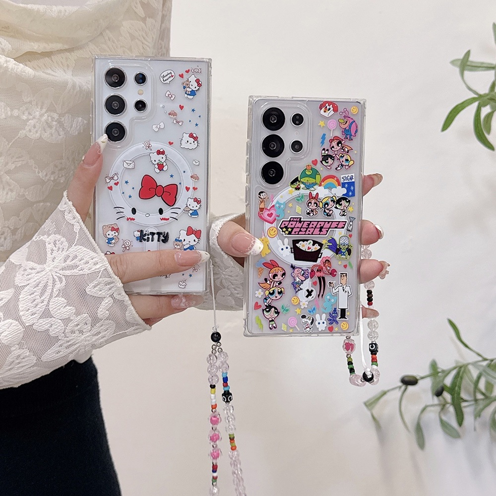 SAMSUNG เคสโทรศัพท์สําหรับSamsung Galaxy S26 S25 S24 S23 Ultra S26 Plus A57 A56 A36 A37 A26 A17 A16 A35 A55 5Gแม่เหล็กการ์ตูนโปร่งใสพร้อมสายรัดข้อมือซิลิโคน