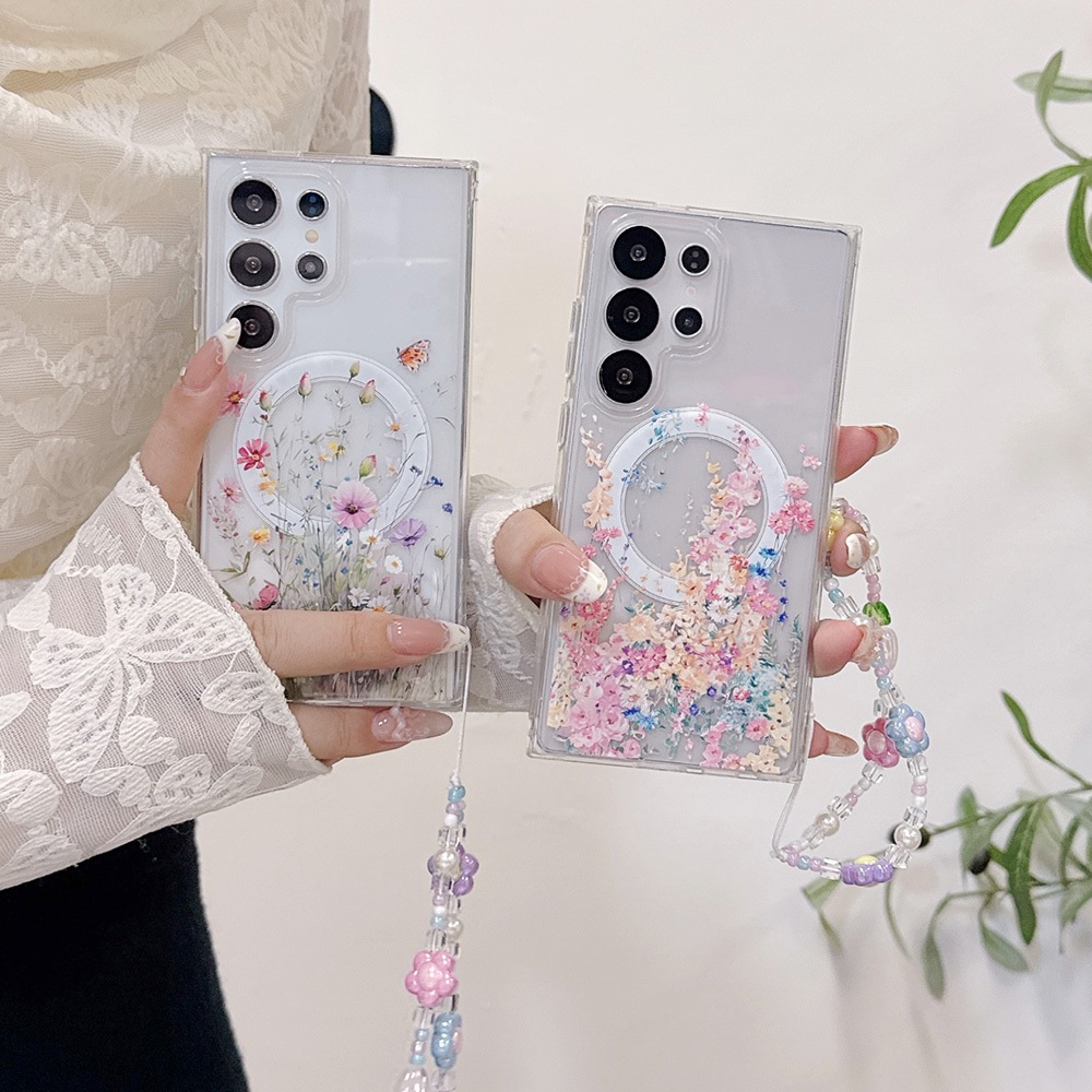 SAMSUNG ผีเสื้อใสดอกไม้เคสโทรศัพท์สําหรับSamsung Galaxy S25 S24 S23 Ultra S23 FE S24 Plus A56 A36 A26 A16 A15 A35 A55 5Gแม่เหล็กโปร่งใสพร้อมสายรัดข้อมือปกหลัง