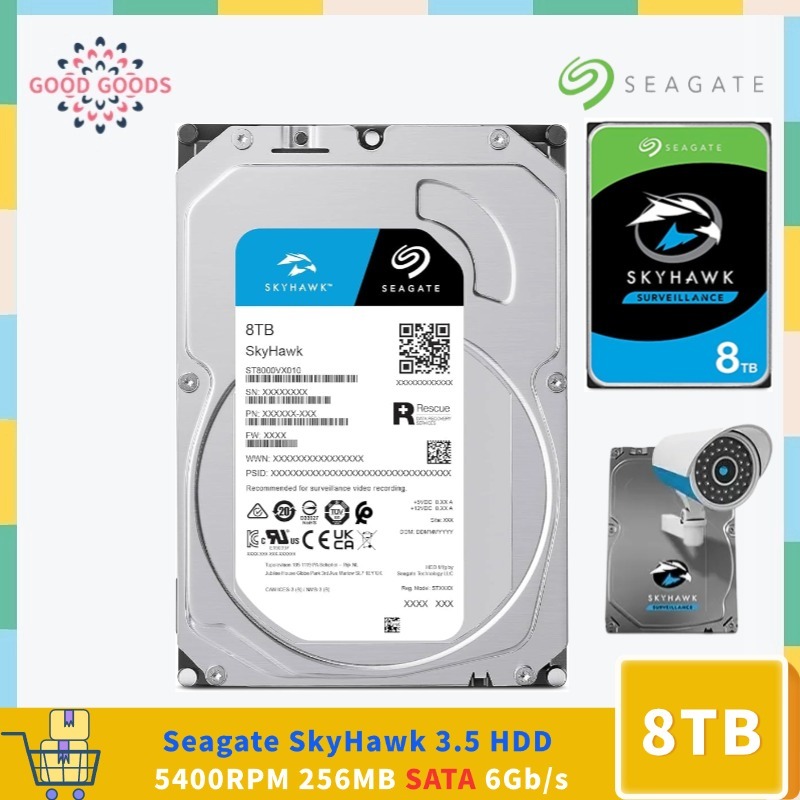 Seagate SkyHawk 8TB ST8000VX010 ฮาร์ดไดรฟ์ภายใน 3.5 HDD SATA 6Gb/s 5400rpm 256MB แคชกล้องวงจรปิด HDD