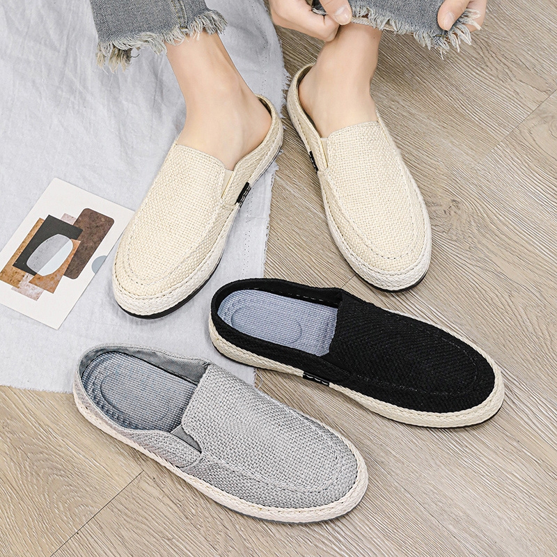 Straw Shoes Half Slip-On Shoes Linen Slip-On Shoes Slip-On Bucket Shoes Mens Shoes