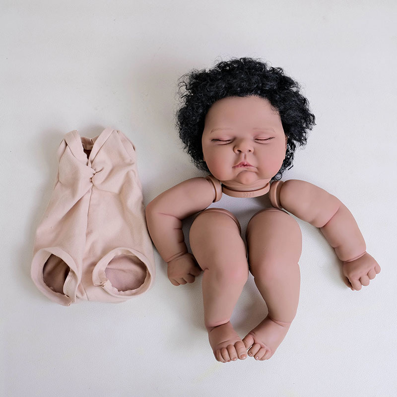 19INCH Peaches Reborn Doll Parts with Dark Skin and Black Hair Handmade Reborn Doll Parts with Cloth