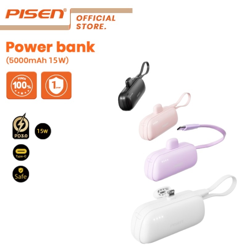 PISEN Mini Powerbank 5000mAh 15W Build in Type C Cable + ปลั๊ก L TP-D180