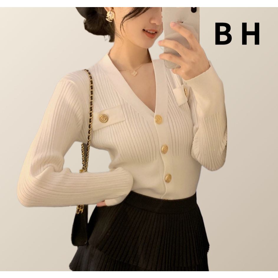 Bh เสื้อคาร์ดิแกนถัก แขนยาว คอวี ทรงสลิมฟิต สไตล์ฝรั่งเศส สําหรับผู้หญิง