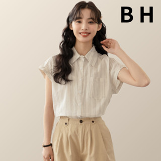 ข ฤดูร้อน เสื้อเชิ้ตแขนกุดลายทางของผู้หญิงคอโปโลแขนบินเล็กสี…