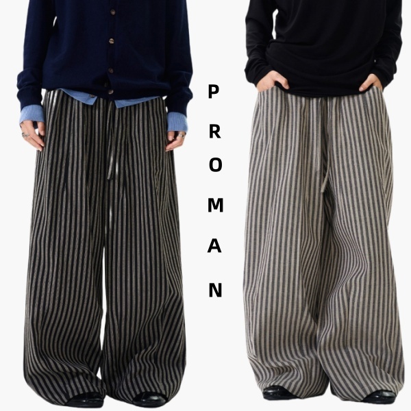 ⚡ProMan⚡สไตล์อเมริกันวินเทจลายกางเกงขากว้าง  ใส่ได้ทั้งชายและหญิง  ชุดลำลอง  เอวยางยืด