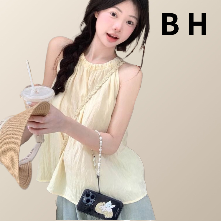 Bh ฤดูร้อนผู้หญิงสีเหลืองจีบ halter แขนกุดรอบคอปิดไหล่รุ่นหลวม