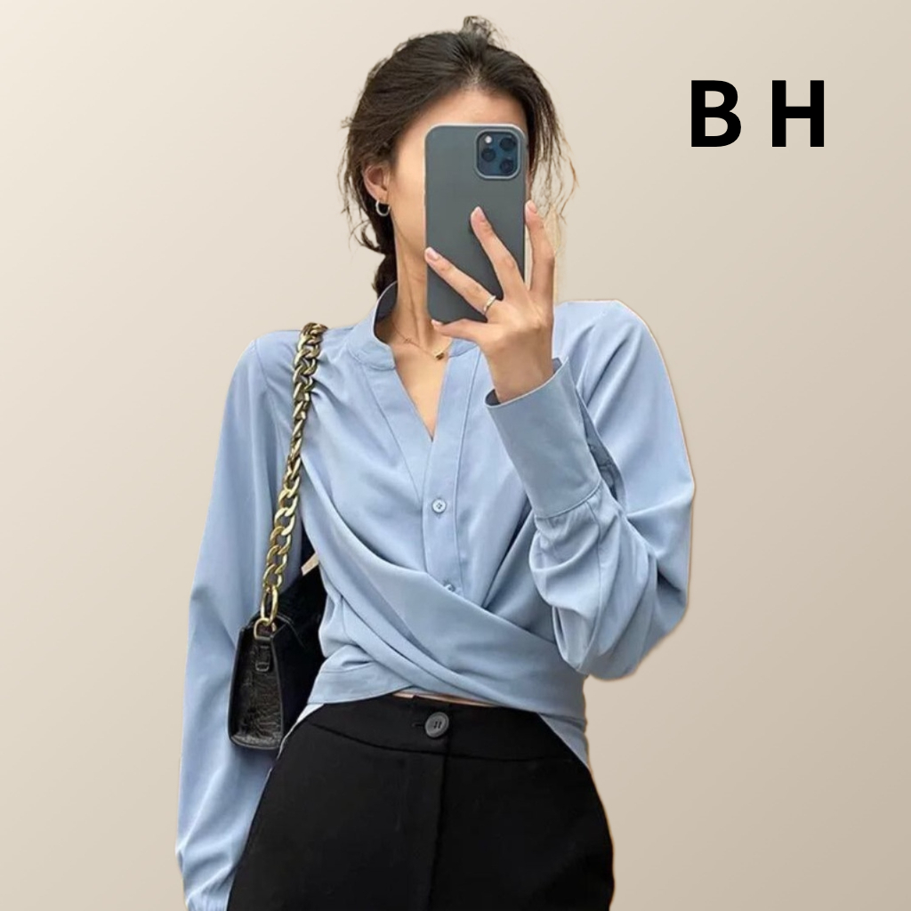 เสื้อเบลาส์ แขนยาว คอวี สีพื้น สไตล์เกาหลี สําหรับผู้หญิง