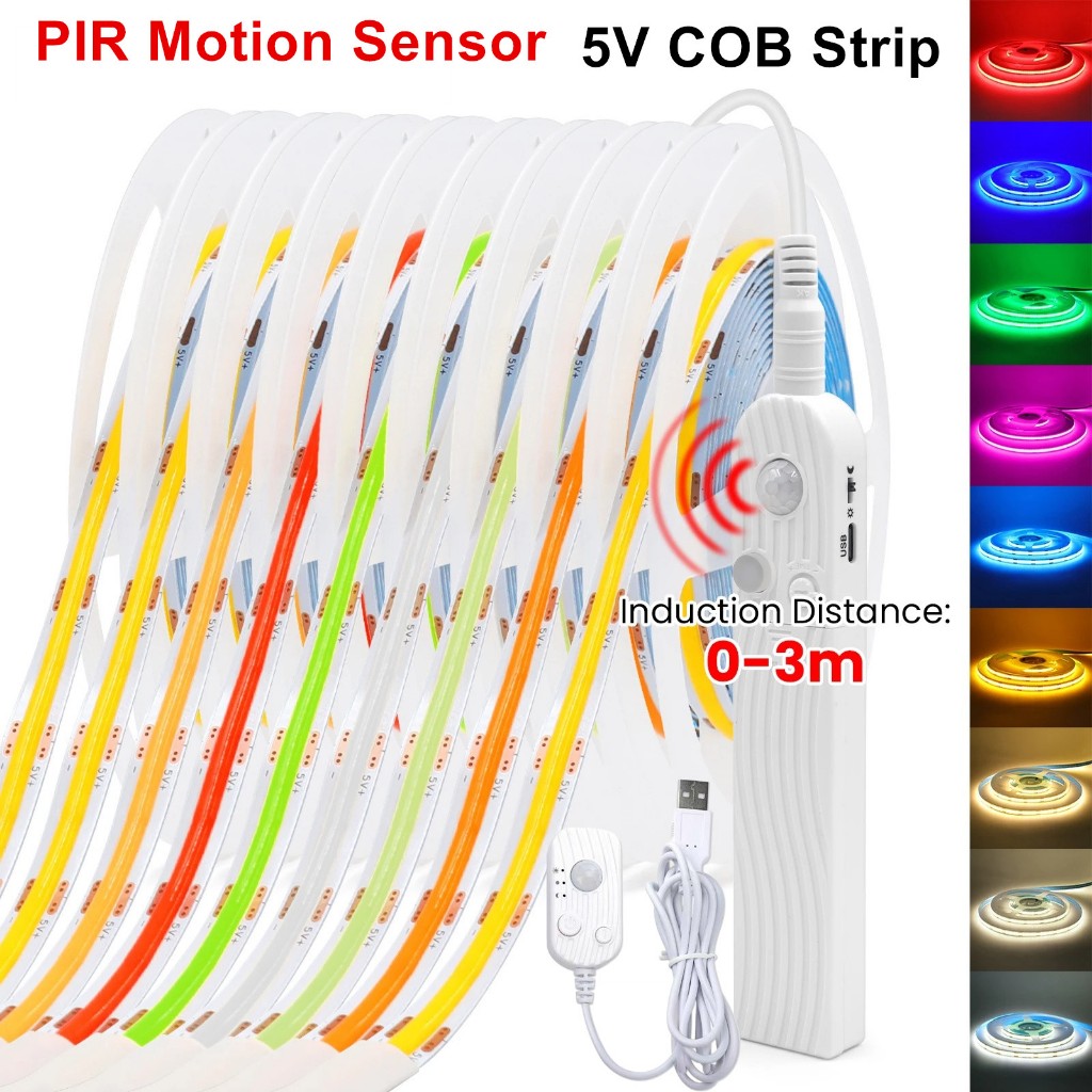 DC 5V COB LED Strip 8 มม.แบตเตอรี่ USB ขับเคลื่อนด้วย Motion Sensor 320LEDs/M Induction Night Light สําหรับบันไดใต้เตียงตู้ Light และ DIY ตกแต่ง (มีให้เลือก 9 สี)