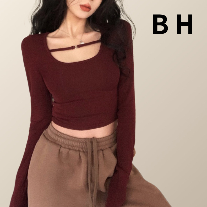 Bh Spring Women Modal เสื้อยืดแขนยาว U คอคัตเอาท์ เสื้อครอปกระดูกไหปลาร้า