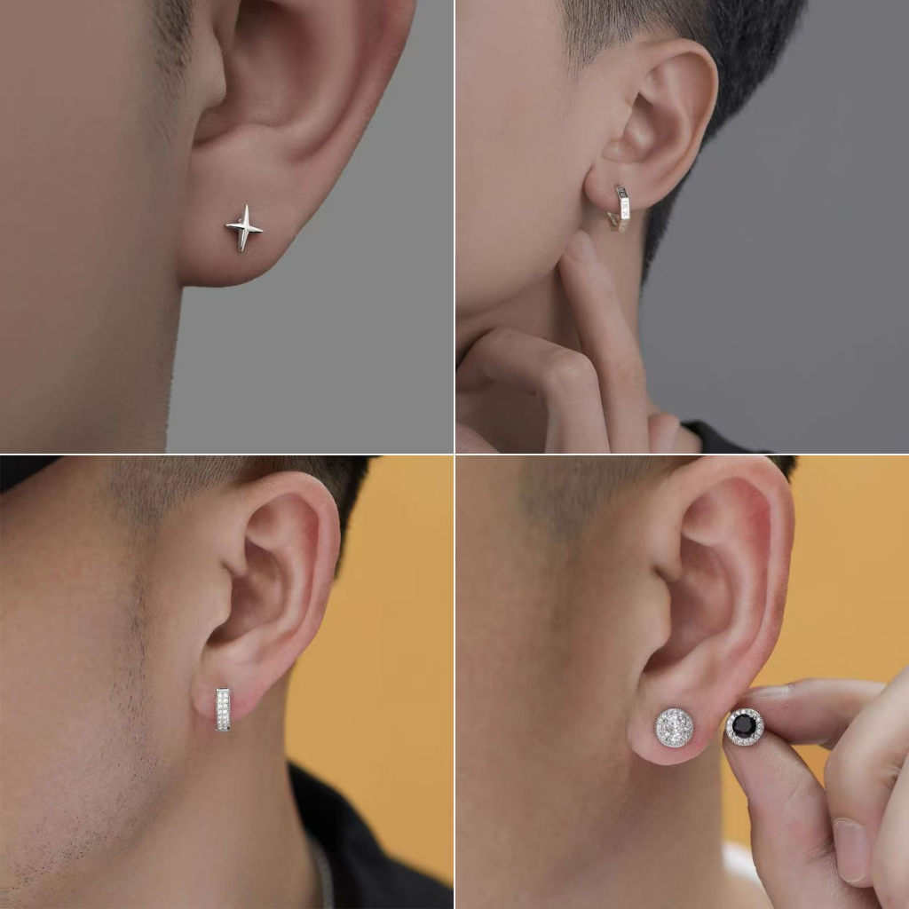 แฟชั่น ส925 เงินเพชรรอบต่างหูชายขนนกเพชรที่เรียบง่ายอินเทรนด์