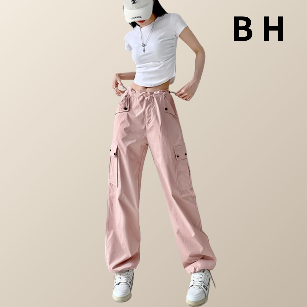 Bh กางเกงคาร์โก้ เรซิน เอวต่ํา เซ็กซี่ ผูกเชือกด้านข้าง ขากว้าง สําหรับผู้หญิง