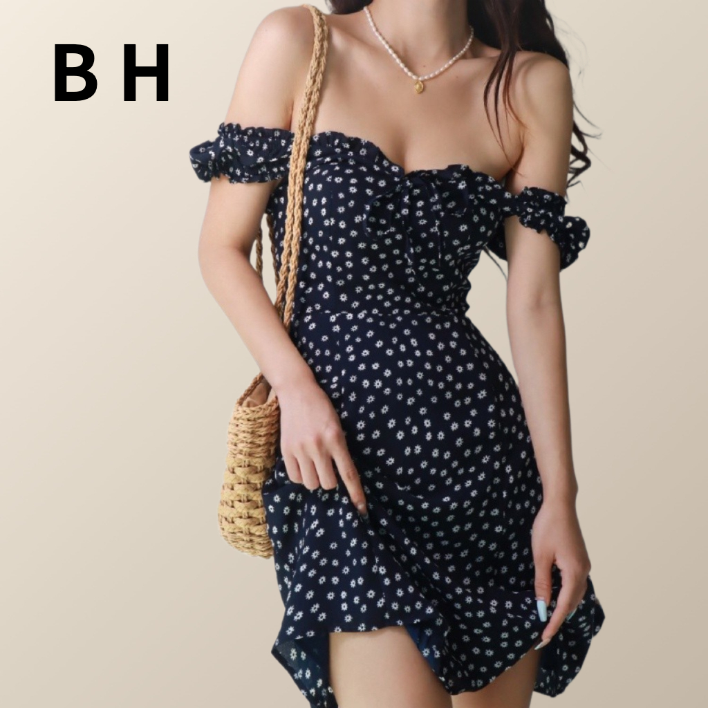 Bh ชุดเดรสกระโปรง ทรงเอ เซ็กซี่ เปิดไหล่ข้างเดียว ลายดอกไม้ สีน้ําเงินกรมท่า สไตล์ฝรั่งเศส สําหรับสตรี