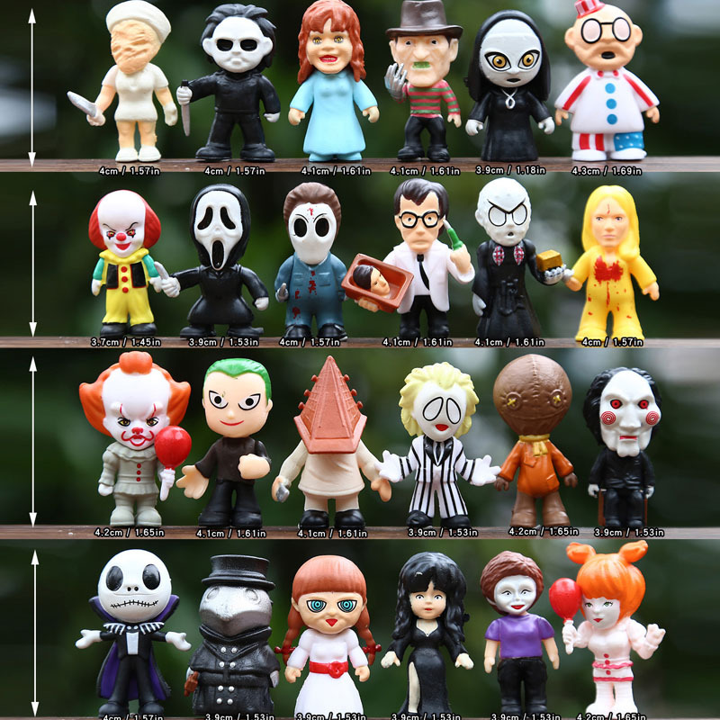 24 ชิ้น/เซ็ต 4 ซม.สยองขวัญภาพยนตร์ตัวอักษร V สําหรับ Vendetta Chucky Freddy Jason น่ากลัวเลื่อย PVC ตัวเลขการกระทําของเล่น