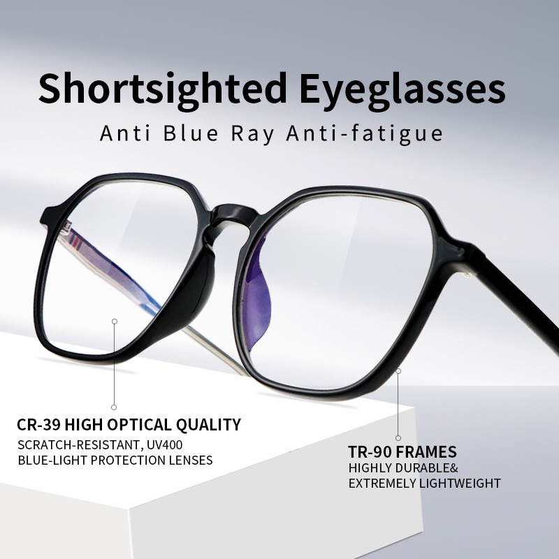 แว่นสายตาสั้นป้องกันแสงสีฟ้า TR90 แบบเต็มกรอบเลนส์เรซินออปติคอลความละเอียดสูง