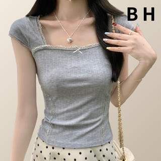 ข ฤดูร้อนผู้หญิงผ้าฝ้ายโบว์ขอบลูกไม้ตารางเสื้อยืดแขนสั้นสั้น…