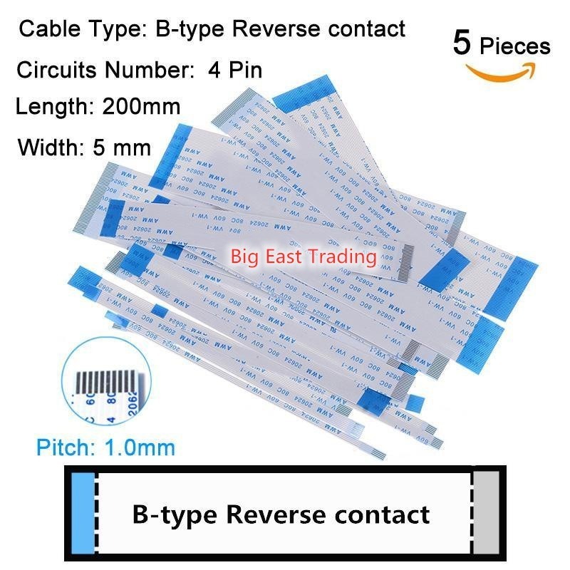 ยืดหยุ่น 5pcs FPC ริบบิ้นแบนสาย Pitch มม.ความยาว 200 มม.B-type Reverse Contact 4P 5P 6P 8P 0P 2P 2P 