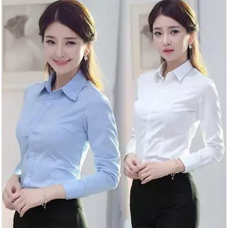เสื้อเชิ้ตแขนยาวทางการธุรกิจสําหรับทํางานและสํานักงาน คอปกสีทึบ แบบสลิมฟิตสำหรับผู้หญิง