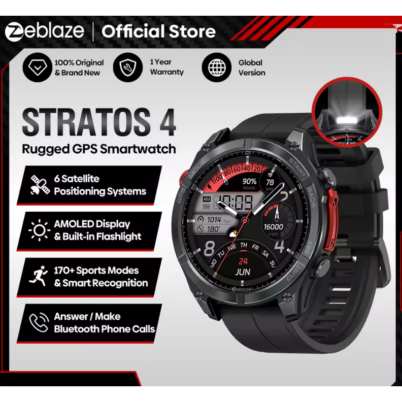 ใหม่ Zeblaze Stratos 4 GPS สมาร์ทวอท์ช 1.43 จอแสดงผล AMOLED ในตัวเข็มทิศ Barometric เครื่องวัดความสูงไฟฉาย Voice Call Smartwatch