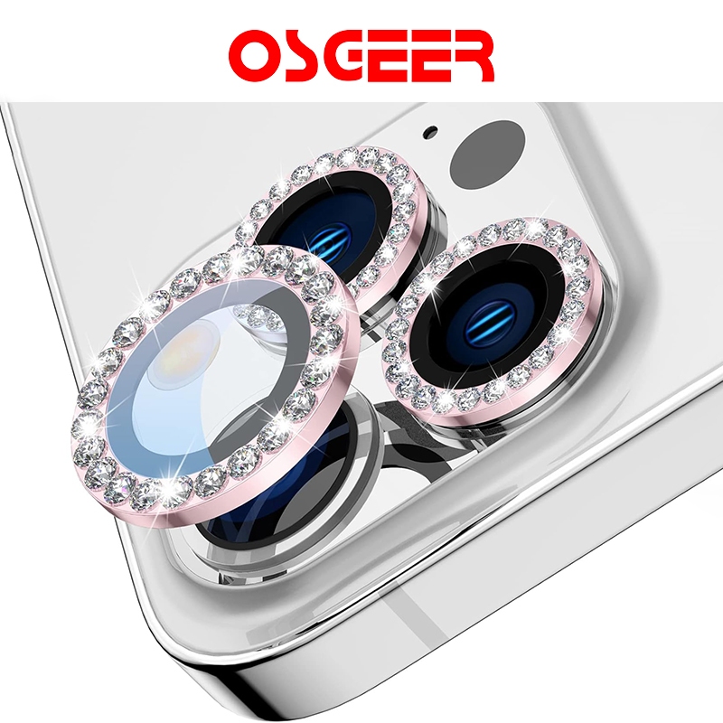 OSGEER เลนส์กล้อง Diamond สําหรับ iPhone 16Pro Max 15 Pro 14 plus 13 Pro Max 12 11, เพชรเลนส์กล้องสีชมพู/แดง